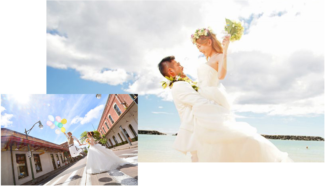風船を持ち飛ぶ新郎と見上げる新婦・ハワイの海をバックにだっこするカップル
